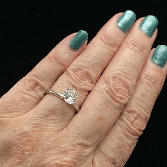 Pretty Quartz Or CZ Solitaire Brilliant Cut Silver Tone Ring Size 6.75 READ - Picture 2 of 9